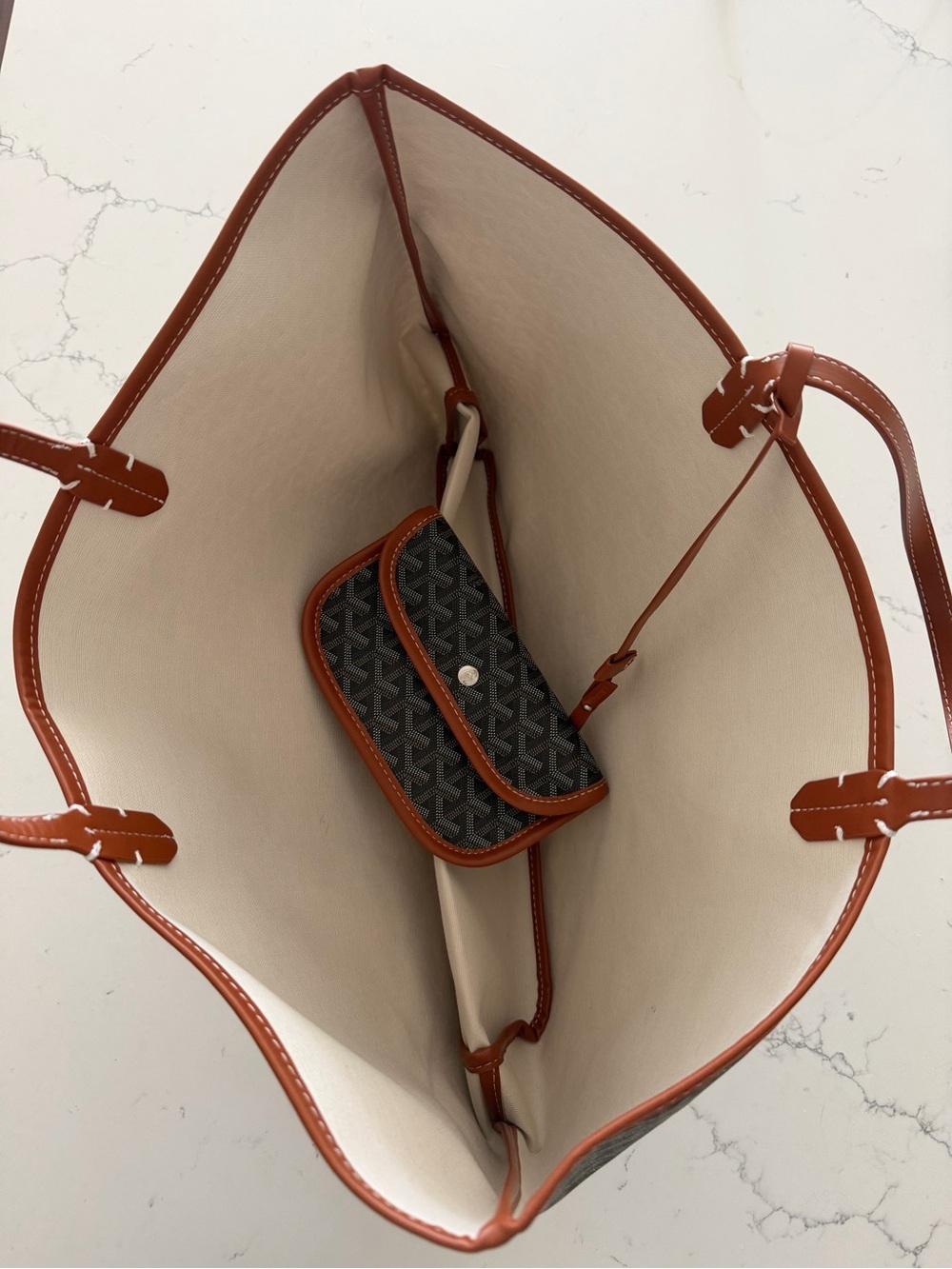 Brown Patterned Tote Bag with Tan Trim - Picture 2 of 3